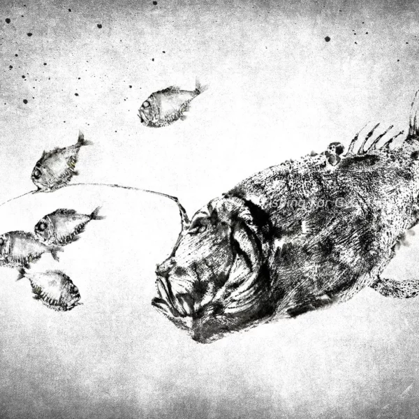 Anglerfish & Hatchetfish - Deep Midnight Zone Reproduction gyotaku