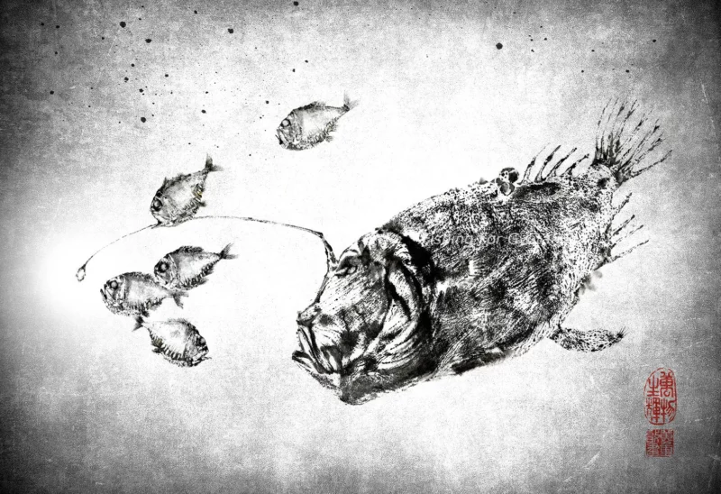 Anglerfish & Hatchetfish - Deep Midnight Zone Reproduction gyotaku