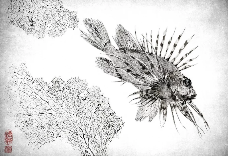 Lionfish with Sea Fans Reproduction gyotaku