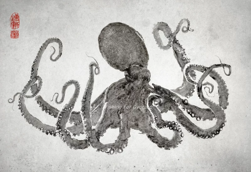 Pacific Giant Octopus "Underwater Crown" gyotaku
