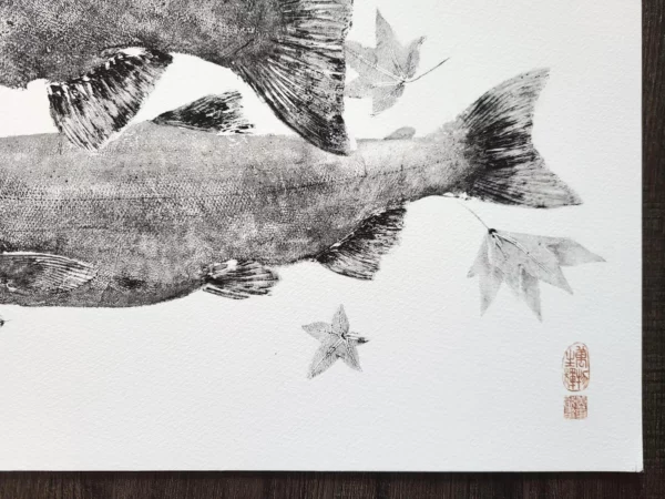 Chinook King Salmon Pair with Autumn Leaves Reproduction gyotaku