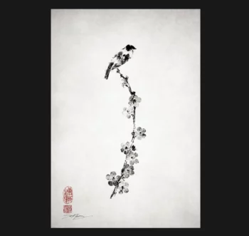 Songbird - Sakura Cherry Blossoms Reproductions gyotaku