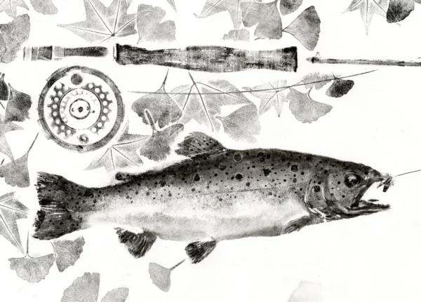 Brown Trout Flyrod Suminagashi "A Quiet Moment" Reproduction gyotaku