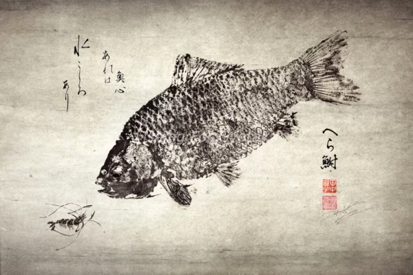 Crucian Carp with River Shrimp Reproduction gyotaku